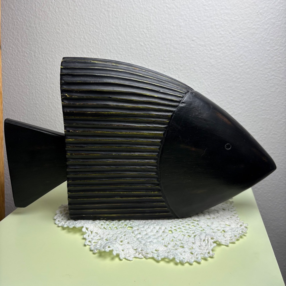 Vintage Unbranded Black Wood Carved Fish Figurine MCM Coastal